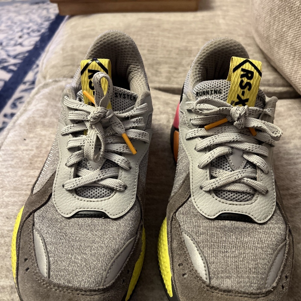 PUMA RS-X Highlighter 384710 01 men running crossing shoes Grey Pink Yellow Sz 9